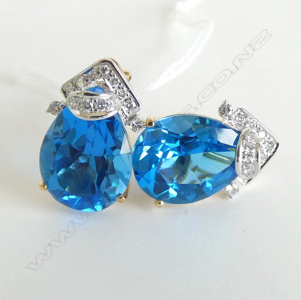 18K GOLD BLUE TOPAZ & DIAMOND EARINGS; 13.05 grams Image 1++