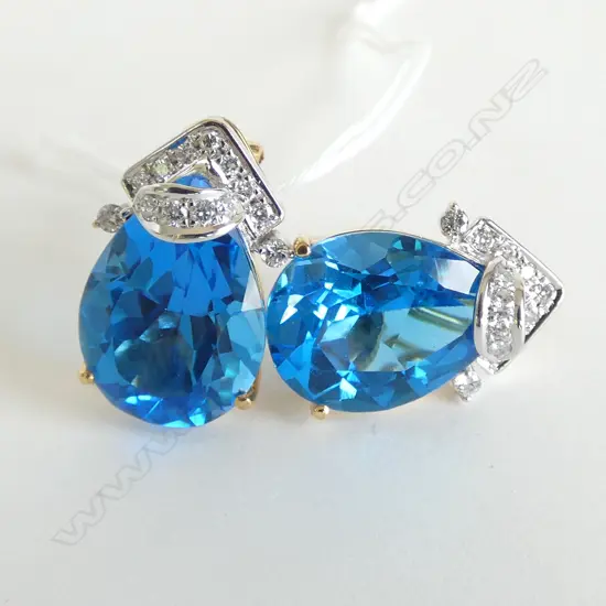 18K GOLD BLUE TOPAZ & DIAMOND EARINGS; 13.05 grams