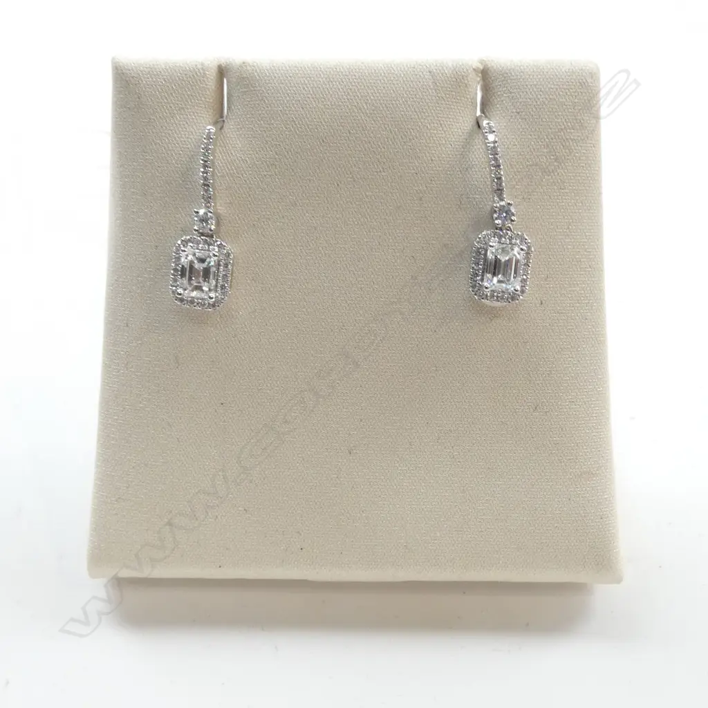 PR 18ct WHITE GOLD & DIAMOND EARIINGS ea with a 0.32ct emerald cut diamond surrounded by diamonds TDW. 0.93ct  Image 1++