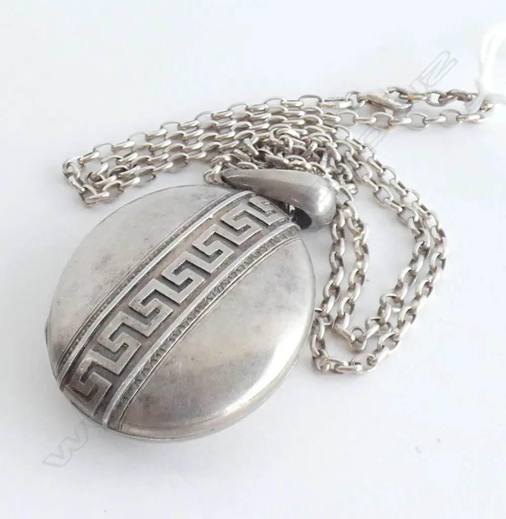 c1900 SILVER LOCKET w square scroll decoration ON MORE MODERN SILVER CHAIN Image 1++