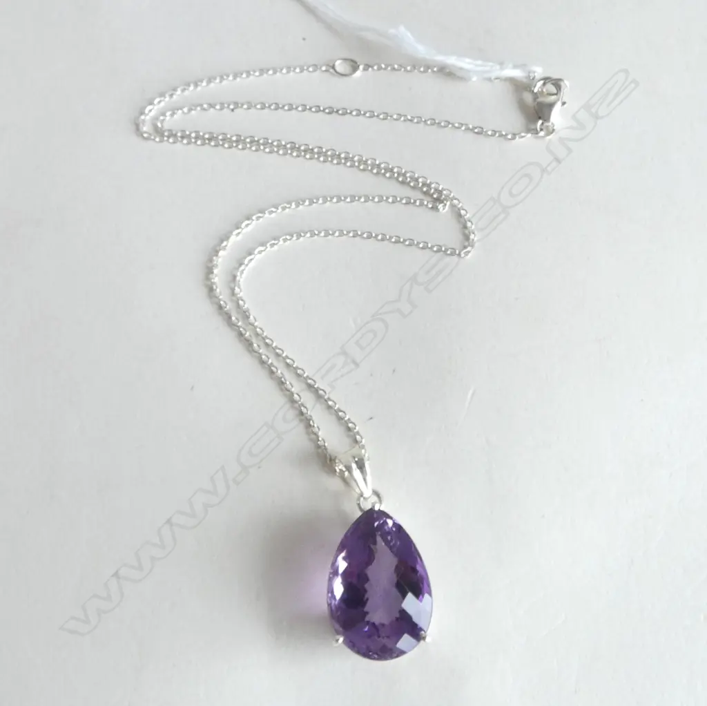 LG PEAR CUT AMETHYST & SILVER PENDANT w SILVER CHAIN L.500mm Image 1++