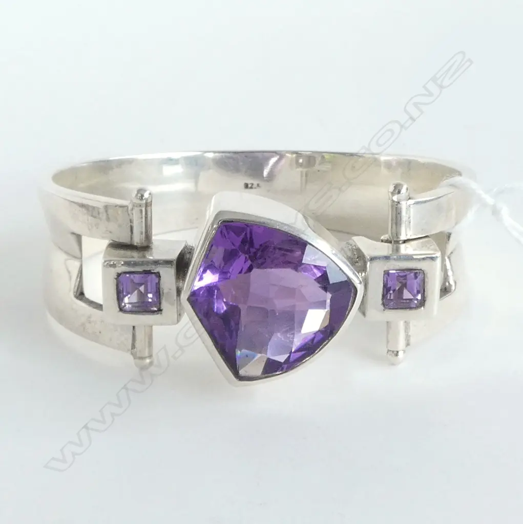 STERLING SILVER AND AMETHYST BANGLE inside diameter 6cm across x 4.5 depth Image 1++