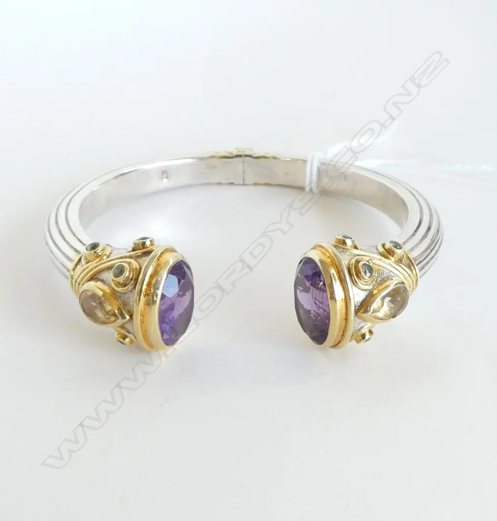 SILVER & GILT HINGED DESIGNER CUFF, SET w AMETHYST, CITRINE & PERIDOT, NEW Image 1++