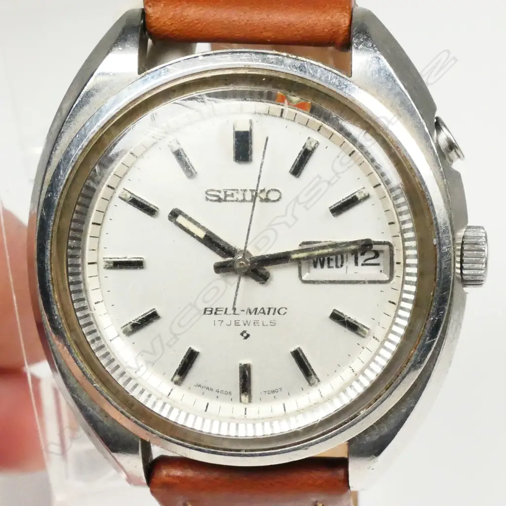 VINTAGE SEIKO BELL-MATIC ALARM WRISTWATCH GENT'S STAINLESS STEEL DAY/DATE RUNNING Image 1++