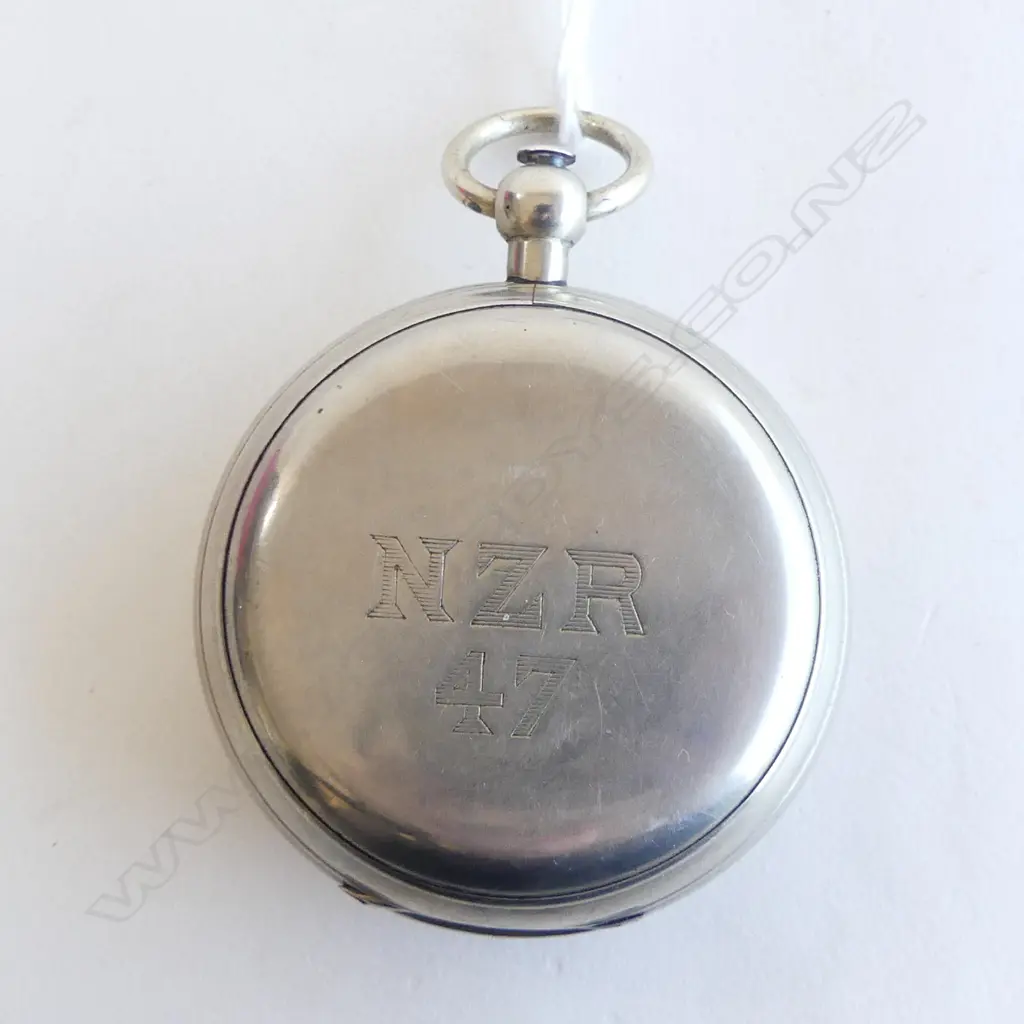 EARLY 20thC LARGE NZR WHITE METAL POCKET WATCH OPEN FACE Dia.61mm. face w N.Z.R. The back 'NZR 47'. Image 1++