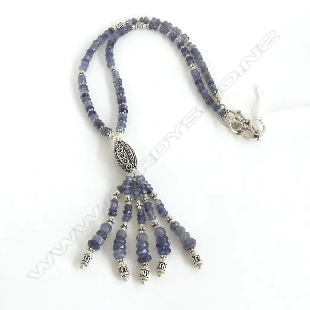 SILVER AND FACET CUT BLUE GEMSTONE TASSELLED  NECKLACE Image 1++