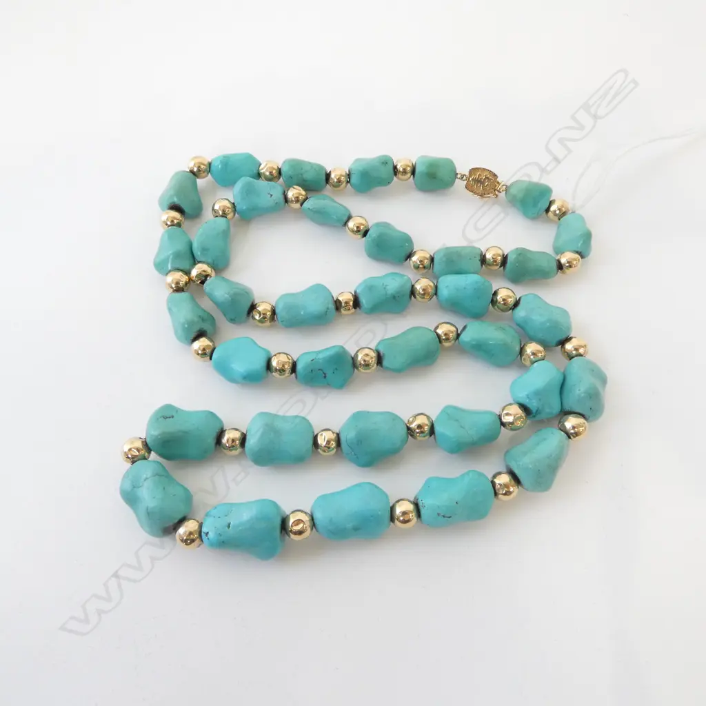 14ct YELLOW GOLD & TURQUOISE LONG NECKLACE L.720mm Image 1++