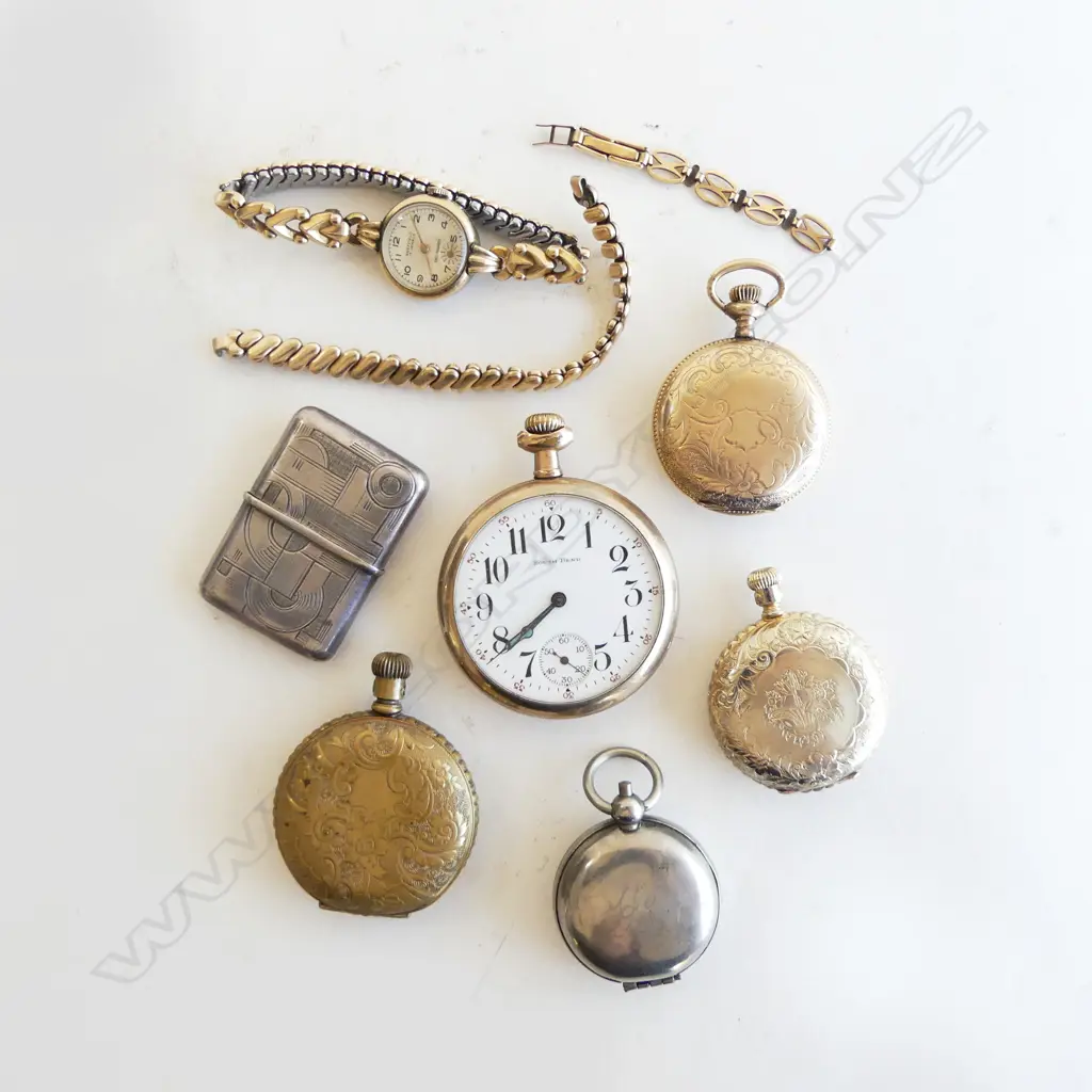 4 GP POCKETWATCHES, WRIST WATCH, 2 STRAPS (1 GOLD? 1.9gms) SILVER CASE, EP SOVEREIGN CASE Image 1++