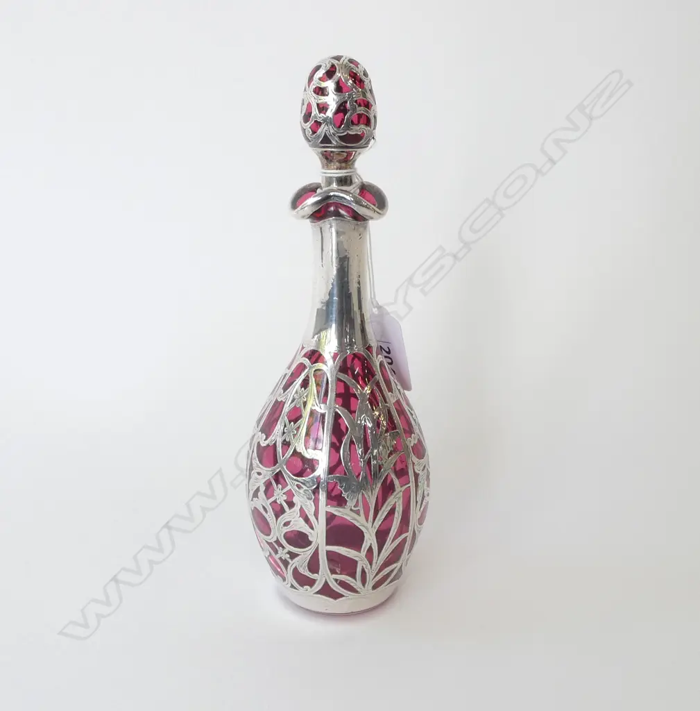 CRANBERRY GLASS BOTTLE w. STG DECORATION, B'HAM 1901 H.195mm (cracks to the bottle) Image 1++