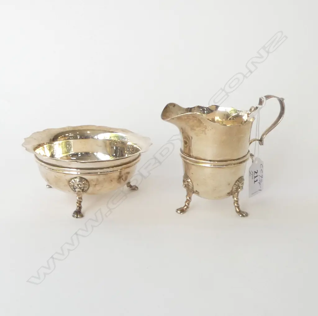 LONDON 1913 SILVER SUGAR & CREAMER lions mask leg fittings 269gms. Image 1++