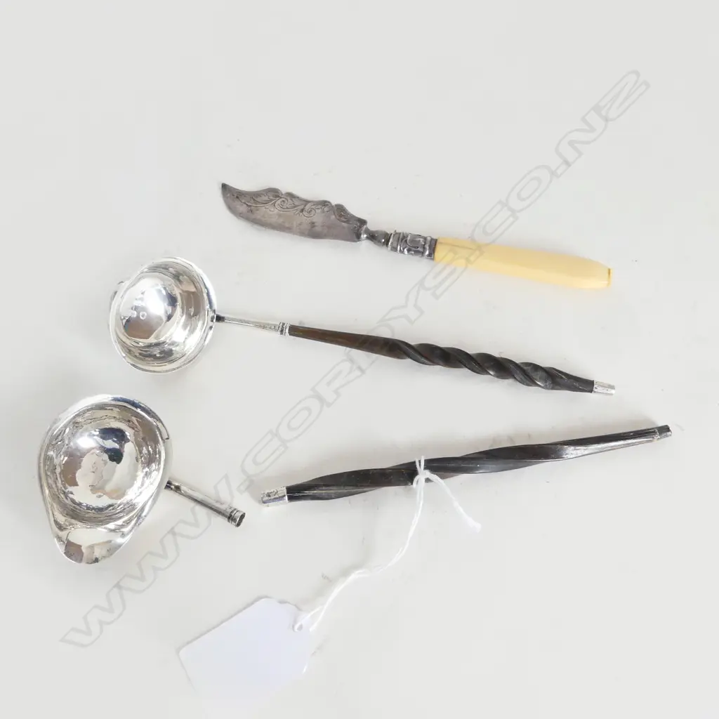 2 STG SILVER BALEEN HANDLED LADLES & STG KNIFE w. BONE HANDLE  Image 1++