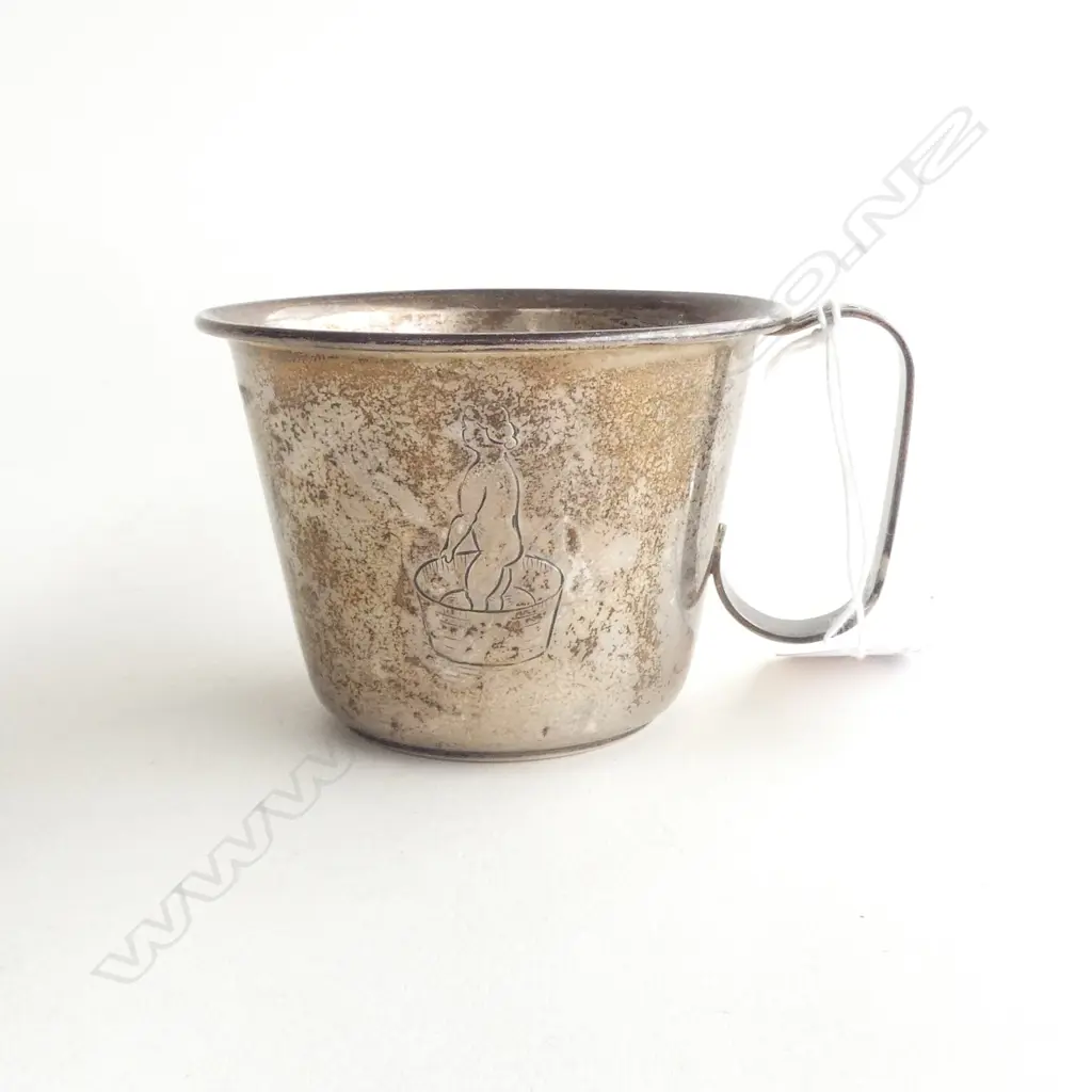 EUROPEAN SILVER CHRISTENING MUG engraved with child bathing. Stamped 830. 65gms Image 1++