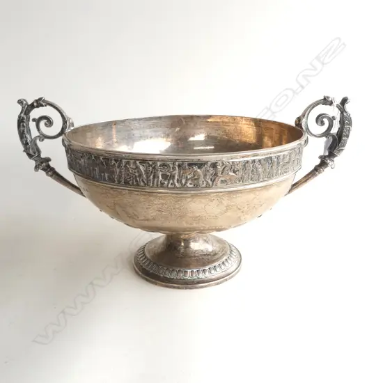 Birmingham 1876 VICTORIAN STIRLING SILVER LGE ROSE BOWL classical figure decoration scroll handles. Dia.228mm. 945gms