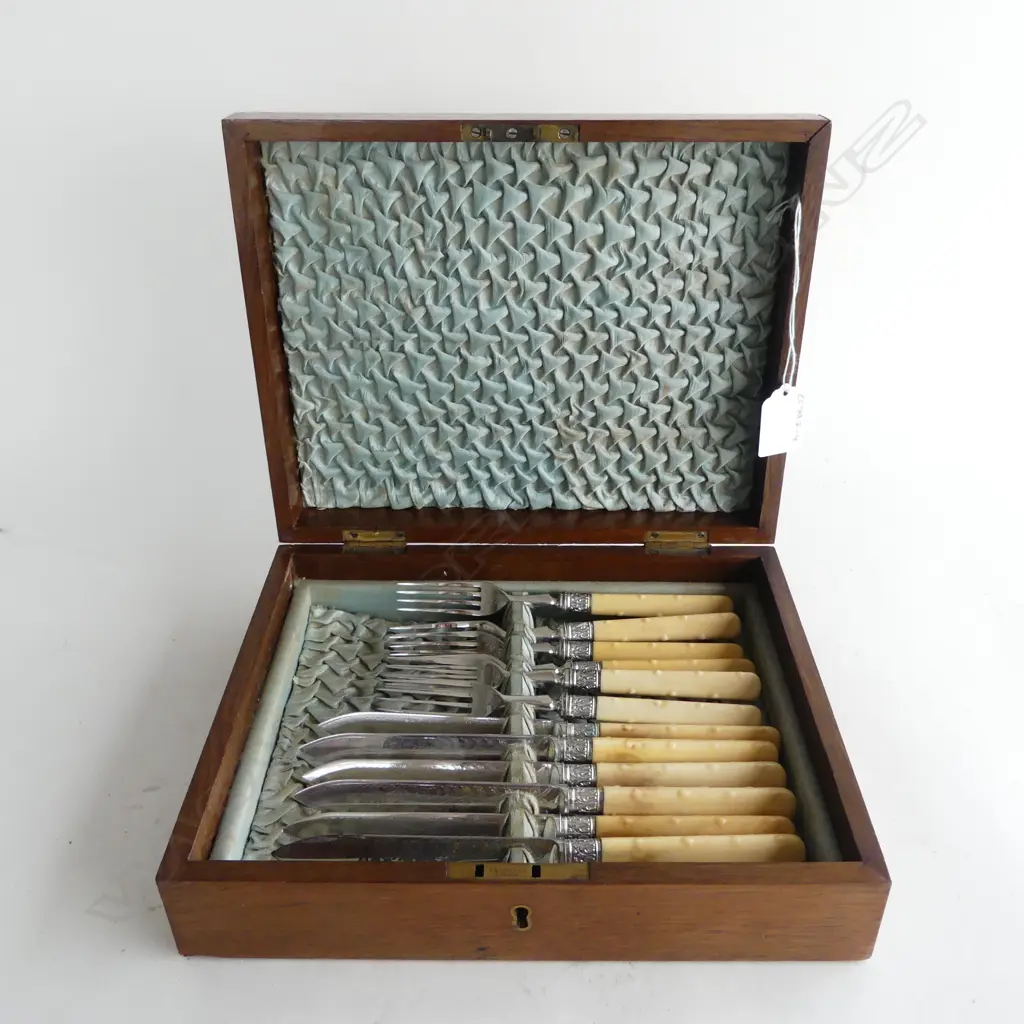WOOD & INLAID BRASS BOXED EP CUTLERY, SET OF 6 PAIRS, FINE IVORY HANDLES Image 1++