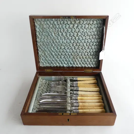 WOOD & INLAID BRASS BOXED EP CUTLERY, SET OF 6 PAIRS, FINE IVORY HANDLES
