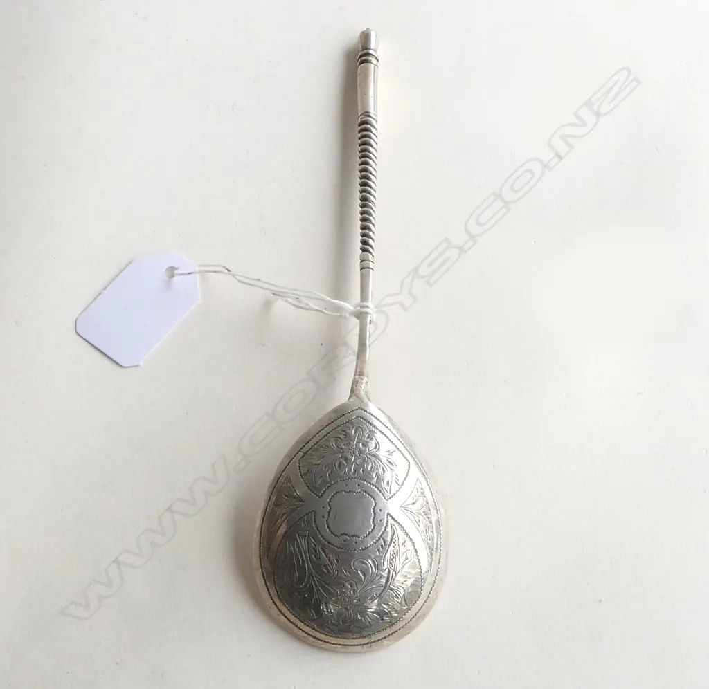 RUSSIAN SILVER SERVING SPOON 1882 spiral twist handle L.200mm. 57gms Image 1++
