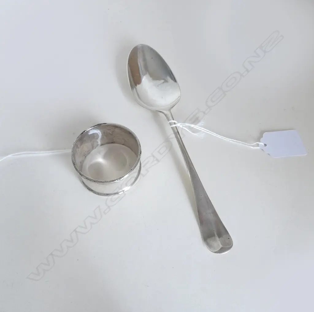 18thC BOTTOM MARKED TABLESPOON, MARKS RUBBED, 39gms, & STG NAPKIN RING 34gms Image 1++