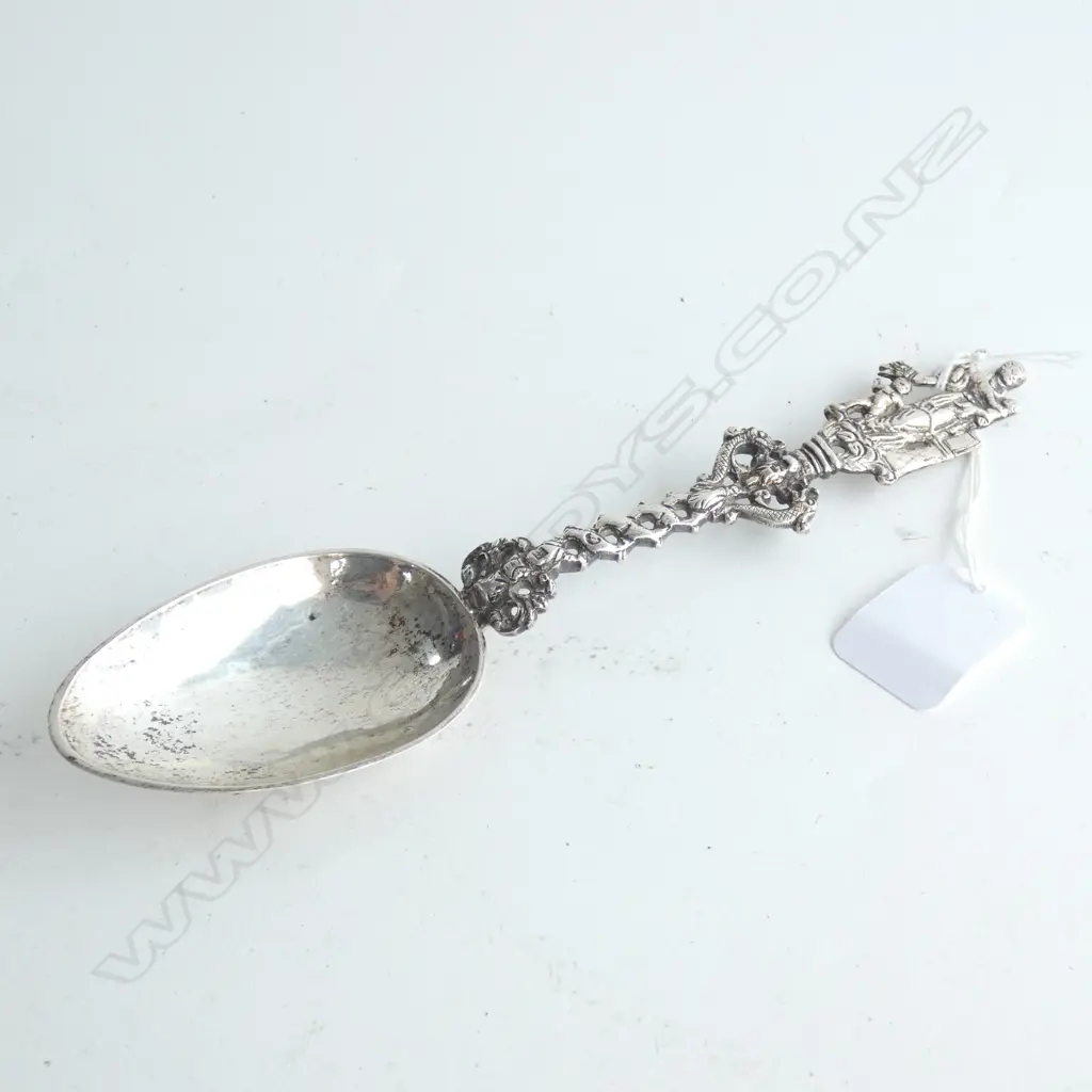19thC Dutch silver birth spoon w finial as a mother with two children. Prick engraving to back of bowl. Hallmarked 1862 Image 1++