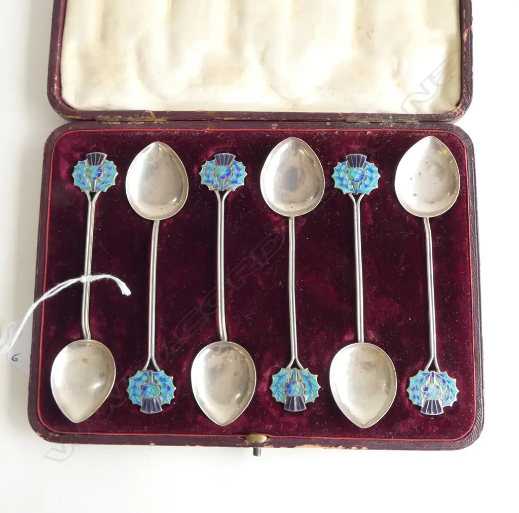 CASED SET 6 Birmingham 1905 SILVER & ENAMEL THISTLE COFFEE or TEA SPOONS 78gms Image 1++