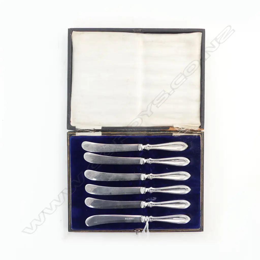 BOXED SET OF 6 STG SILVER HANDLED PATE KNIVES, JAMES DEAKIN & SONS, 19thC SHEFFIELD  Image 1++