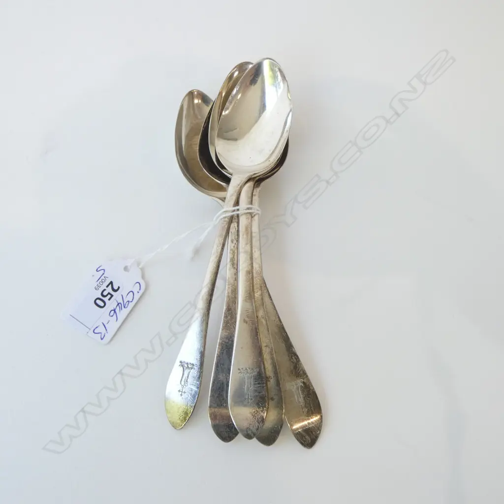 5 x GEORGE III IRISH SILVER DESSERT SPOONS Dublin 1829 crested Celtic point. 120gms Image 1++