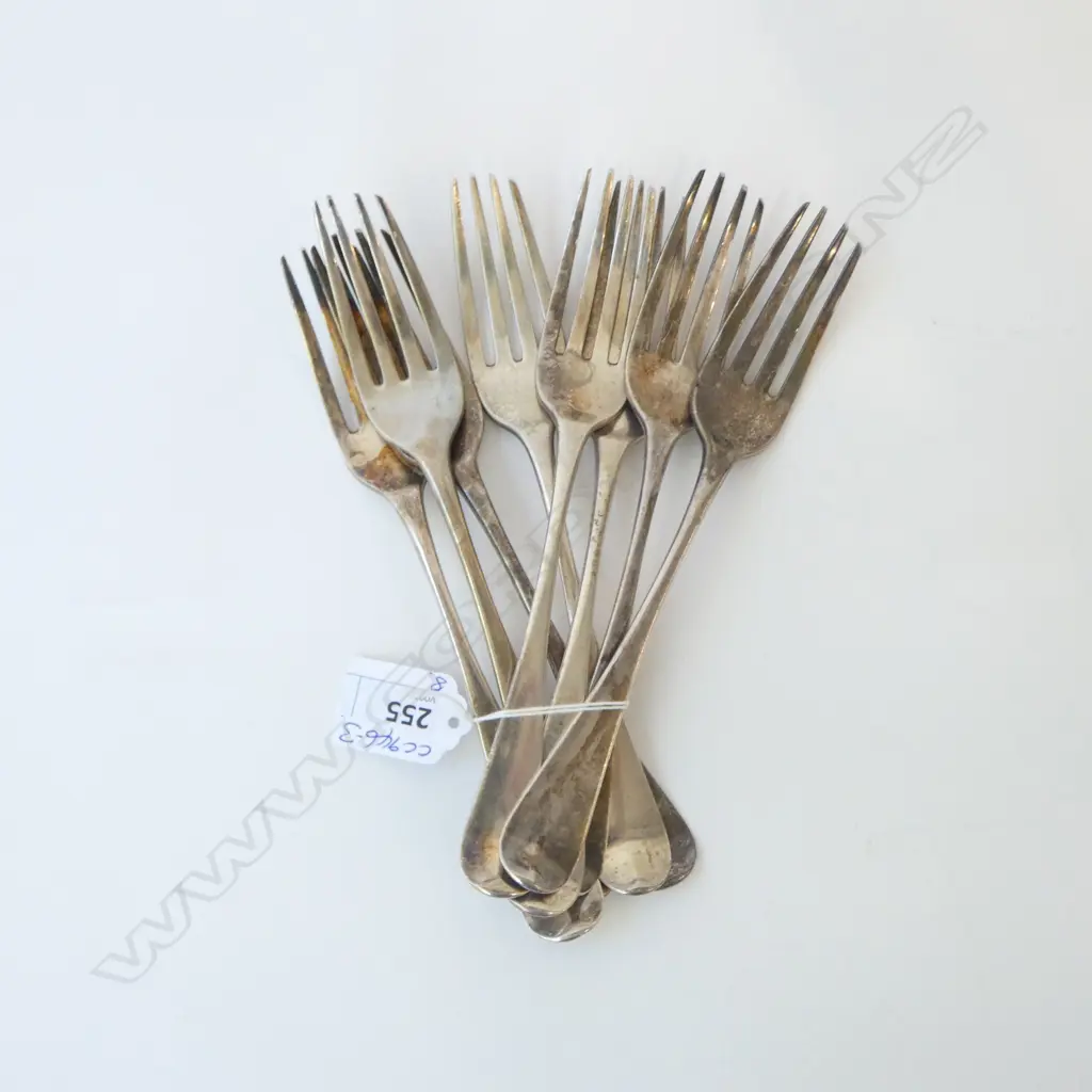 set 8 LONDON 1806 SILVER TABLE FORKS Old English pattern. 477gms with engraved bird crest  Image 1++