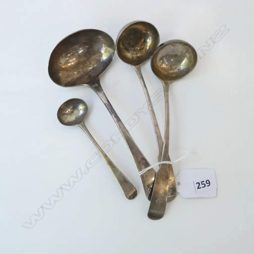 4 Georgian silver pieces: 3 sauce ladles 1x L.1806 by Bateman + Pr. Edinburgh 1808 & a salt spoon L.1806. 105gms Image 1++