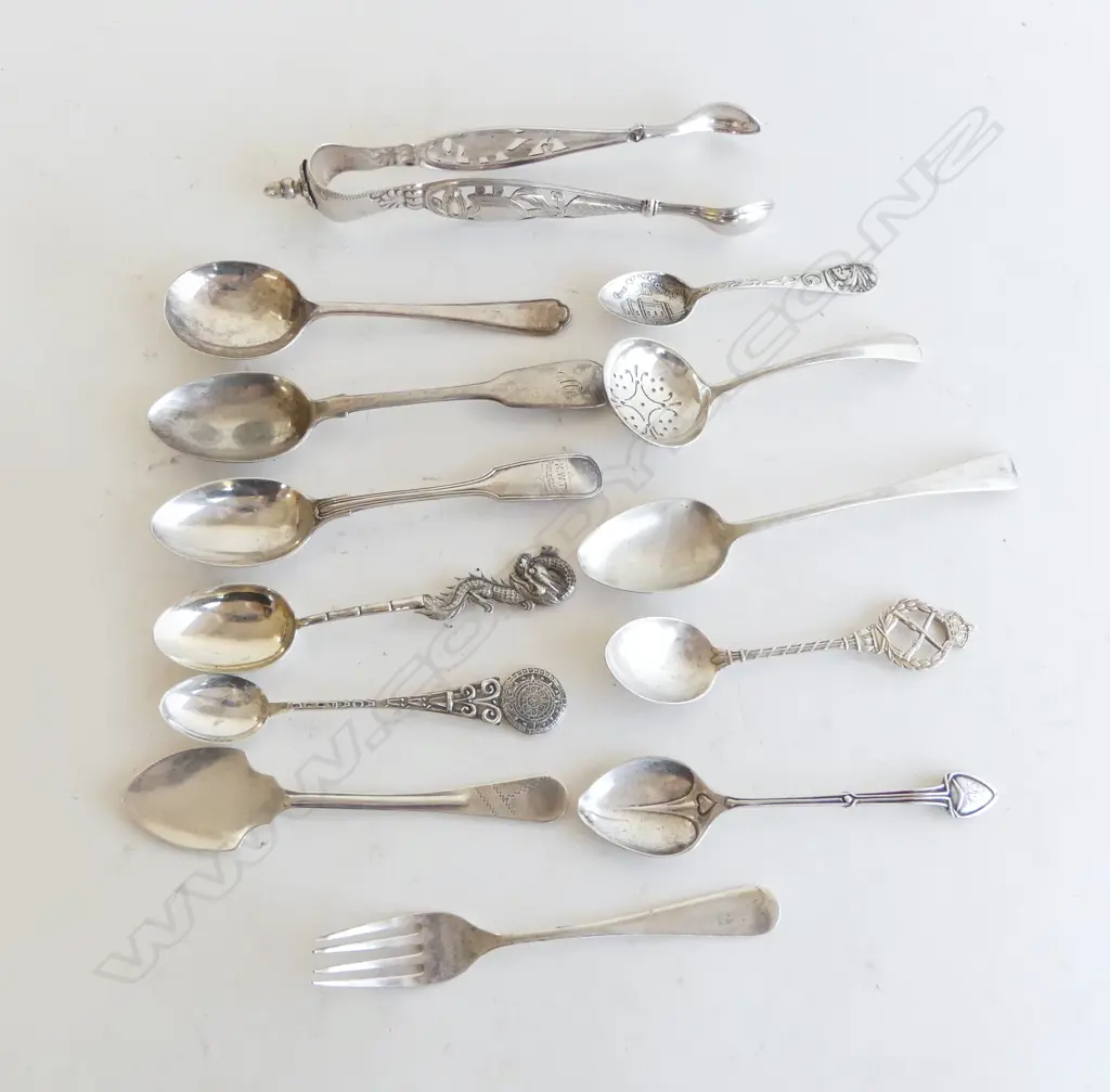 ***RTV***12 STG SILVER SPOONS + FRENCH SILVER TONGS, 267gms Image 1++