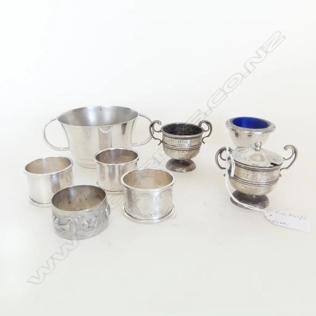 3 STG SILVER NAPKIN RINGS + PR TROPHIES 140gms + 3 PCES EP Image 1++