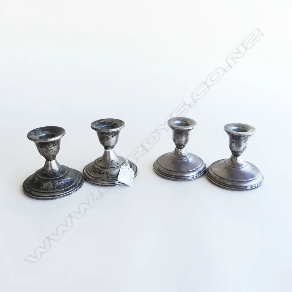 2 PRS WEIGHTED STERLING SILVER CANDLESTICKS H.80mm, 90mm dia FAULTS Image 1++