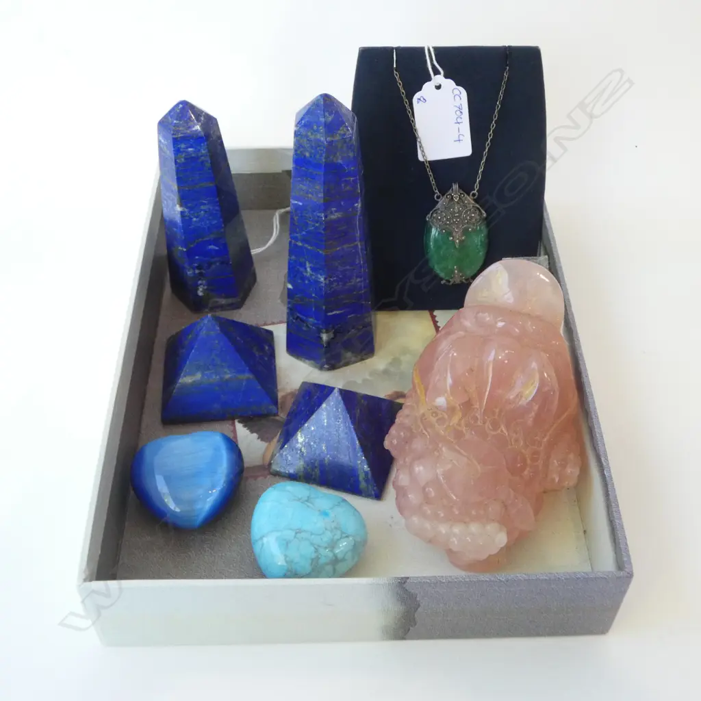 2 LAPIS LAZULI PYRAMIDS w. 2 LAPIS OBELISK, STG SILVER & GLASS PENDANT L.280mm, OTHER STONES Image 1++