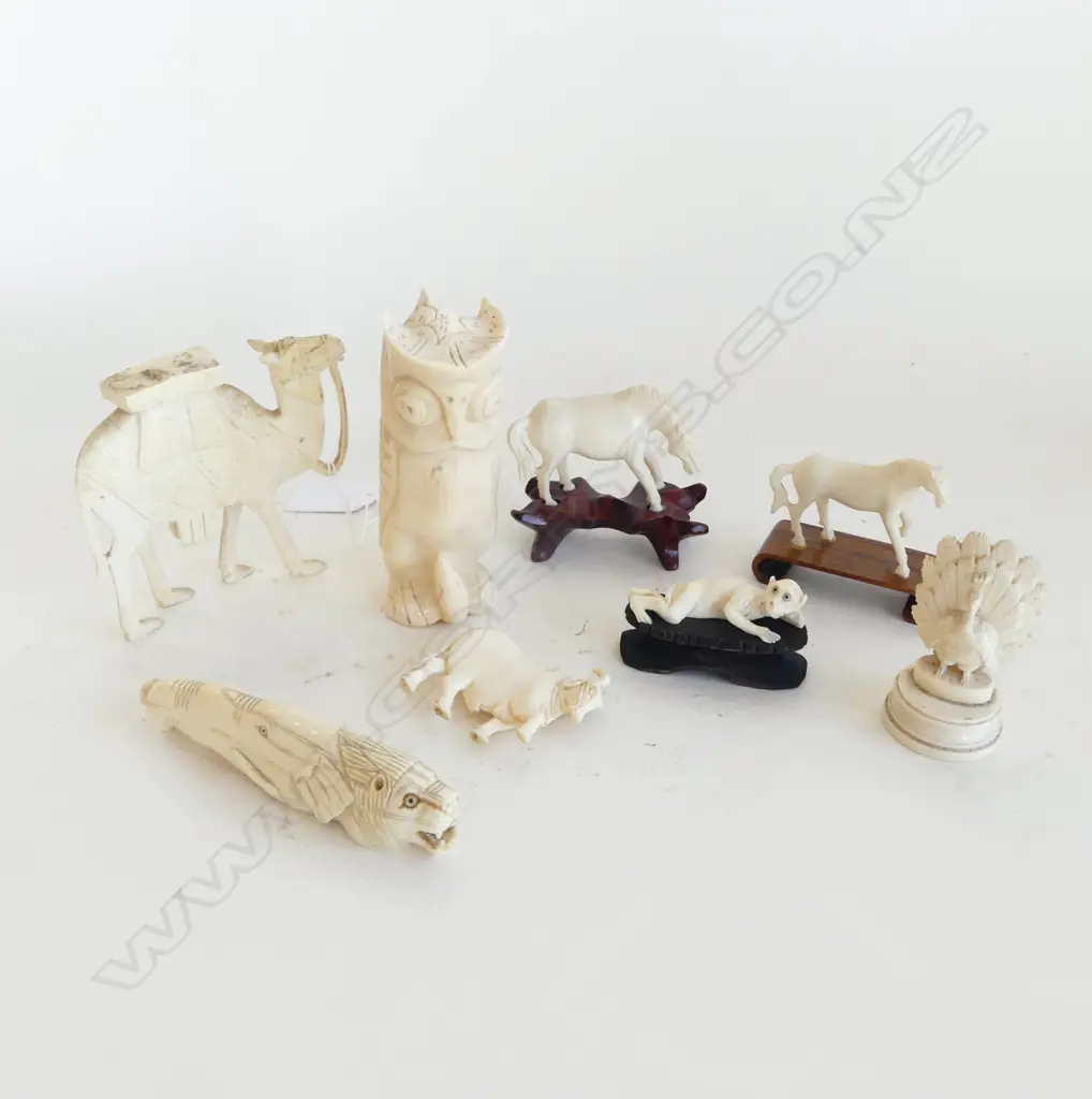 8 CARVED IVORY ANIMALS; OWL H.110mm Image 1++
