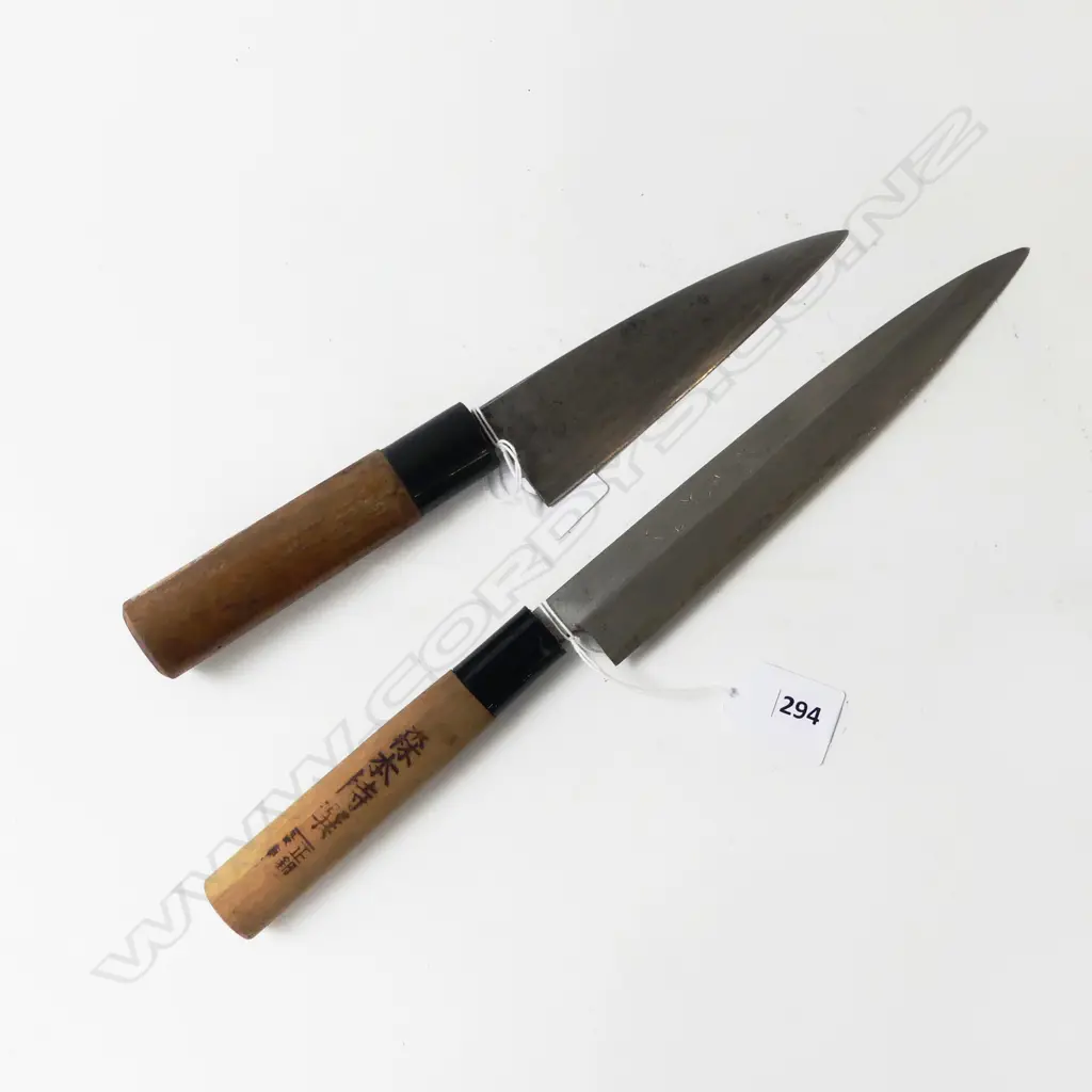 2 HANDFORGED JAPANESE CHEF'S KNIVES, (1 signed on blade & handle) L.260 & 320mm Image 1++