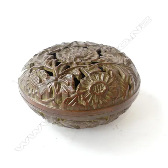 ORIENTAL BRONZE CONTAINER, PIERCED FLORAL DESIGN 90mm dia