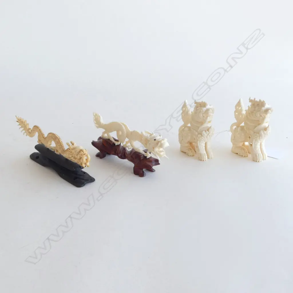 2 CARVED IVORY DRAGONS L.155mm + PR TEMPLE DOGS H.75mm Image 1++