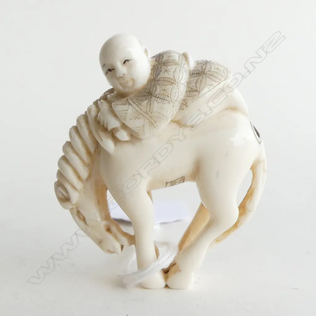 ORIENTAL CARVED IVORY HORSE & RIDER NETSUKE, SIGNED H.50mm tail repaired Image 1++