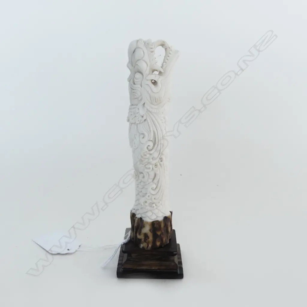 DEER ANTLER CARVING DRAGON, ON WOODEN STAND, H.140mm Image 1++