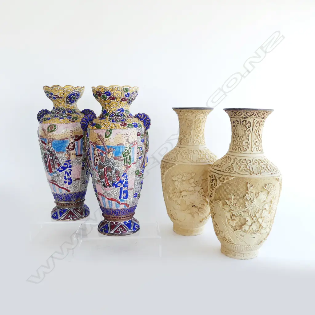 2 PRS ORIENTAL VASES;  SATSUMA 1 REPAIRED H.320mm + WHITE RESIN CINNABAR STYLE Image 1++