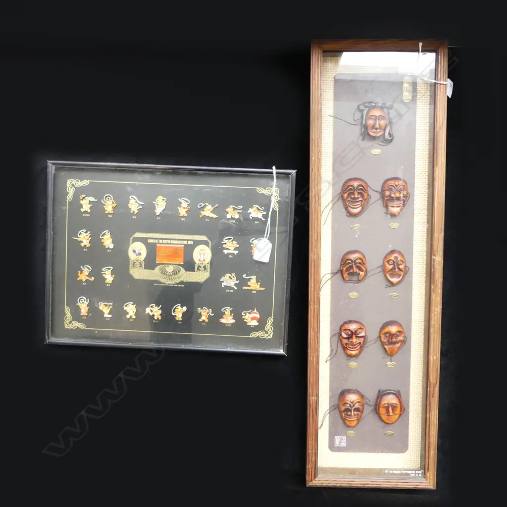 2 FRAMED ARTWORKS; COLLECTION OF SEOUL OLYMPICS BADGES, ORIENTAL MASKS 670x170mm Image 1++