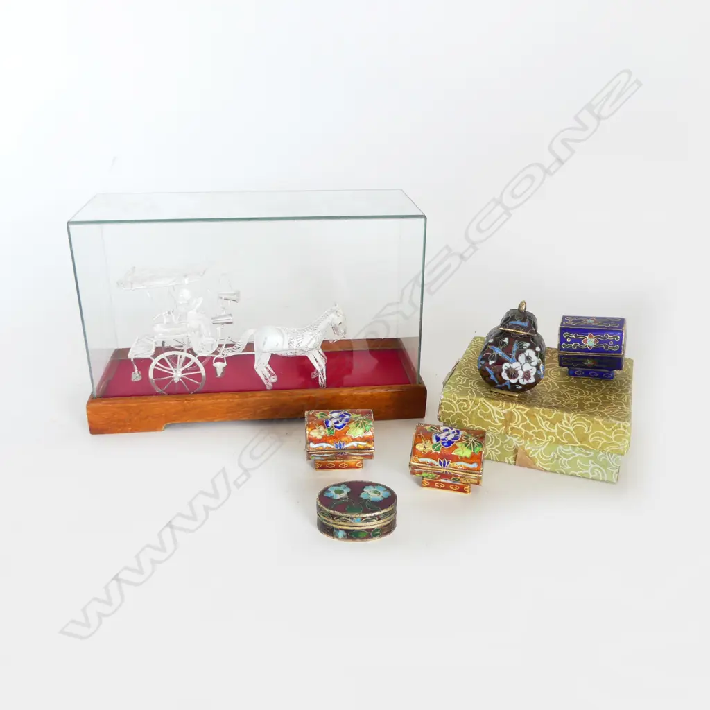 925 SILVER HORSE & CARRIAGE + 5 SMALL CLOISONNE CONTAINERS H.50mm Image 1++