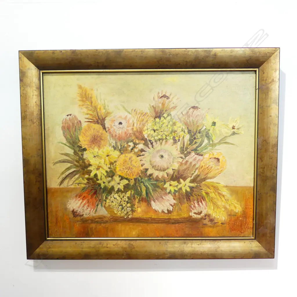 VINTAGE FLORAL PAINTING ON BOARD WITH GILDED FRAME, 630 X 770MM Image 1++