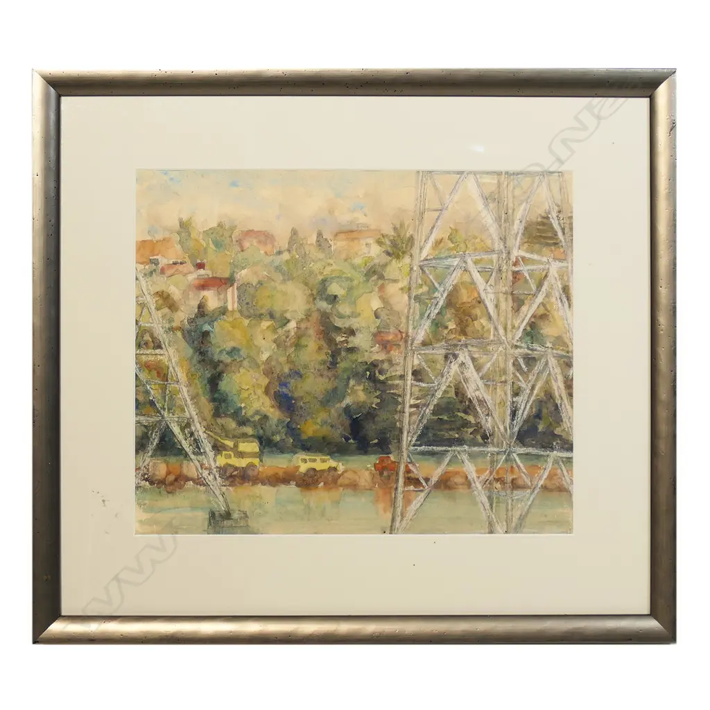 PHYLLIS MARY CROWLEY - PYLONS (MANGERE BRIDGE CONSTRUCTION) - c.1980 - W/COLOUR & MIXED MEDIA - UNSIGNED - 286 x 344mm Image 1++