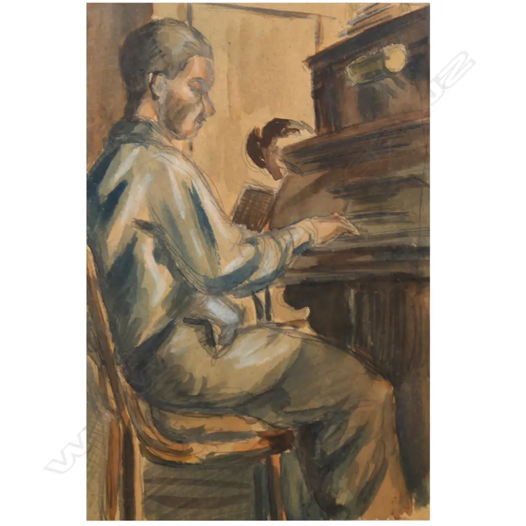 PHYLLIS MARY CROWLEY (1913-1994), UNTITLED (PLAYING PIANO) W/COLOUR & PENCIL ON BOARD, UNSIGNED, 369 x 243mm Image 1++