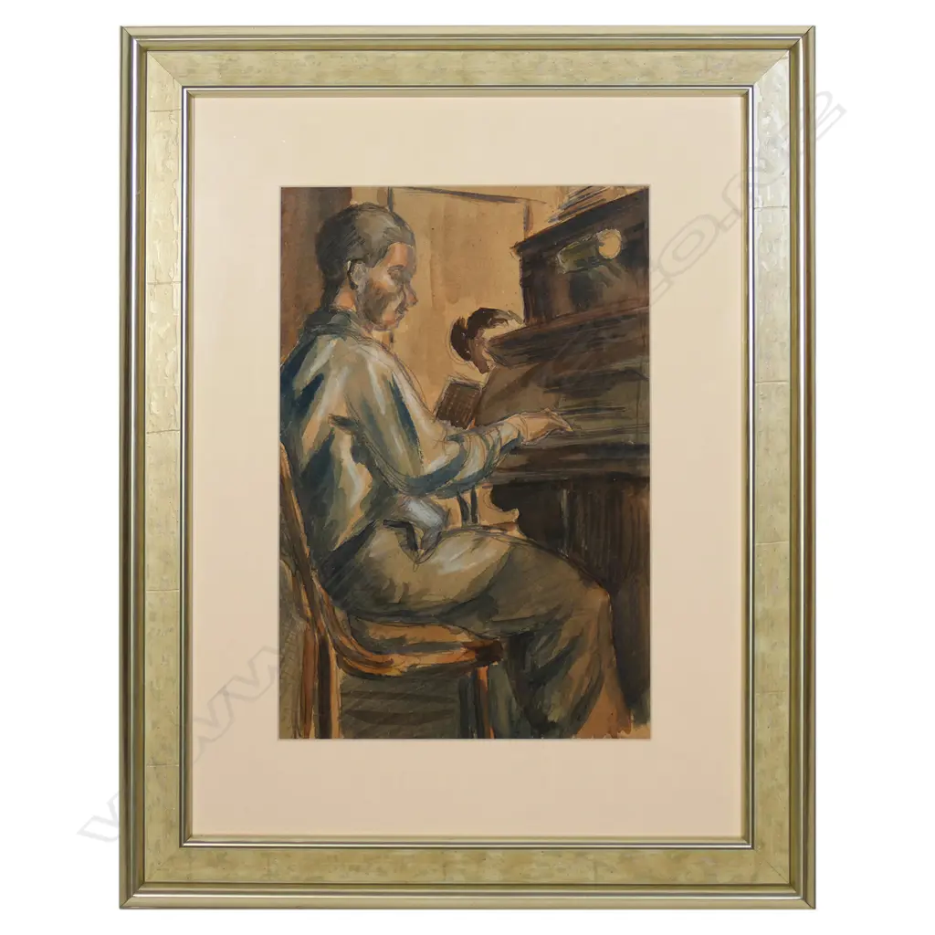 PHYLLIS MARY CROWLEY (1913-1994), UNTITLED (PLAYING PIANO) W/COLOUR & PENCIL ON BOARD, UNSIGNED, 369 x 243mm Image 1++
