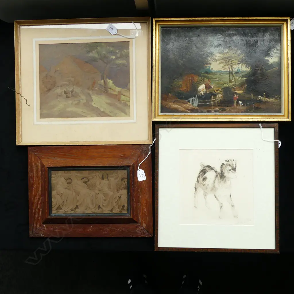 4 ARTWORKS; ALBERT MOORE 'DREAMERS' PRINT 135x235mm, HILDA WISEMAN COTTAGE 235x290mm, GOAT ETCHING, OIL LANDSCAPE Image 1++