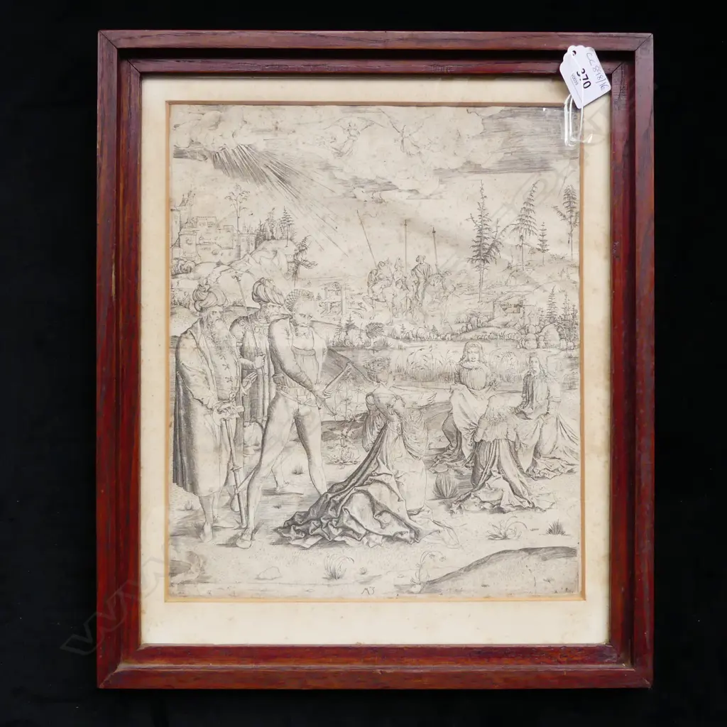 ANTIQUE ENGRAVING AFTER THE 'MARTYRDOM OF SAINT URSULA' BY THE MASTER M. Z. c.1500 310x260mm foxing Image 1++