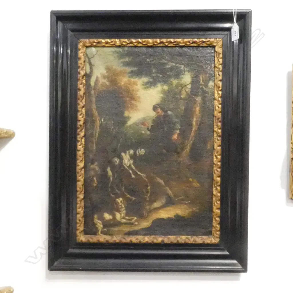 PR ANTIQUE OILS, HUNTER IN FOREST w. DOGS, OIL ON CANVAS 445x300mm 70mm tear lower left Image 1++