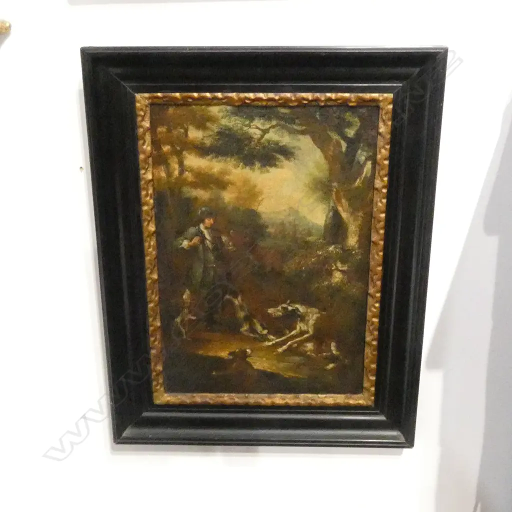 PR ANTIQUE OILS, HUNTER IN FOREST w. DOGS, OIL ON CANVAS 445x300mm 70mm tear lower left Image 1++