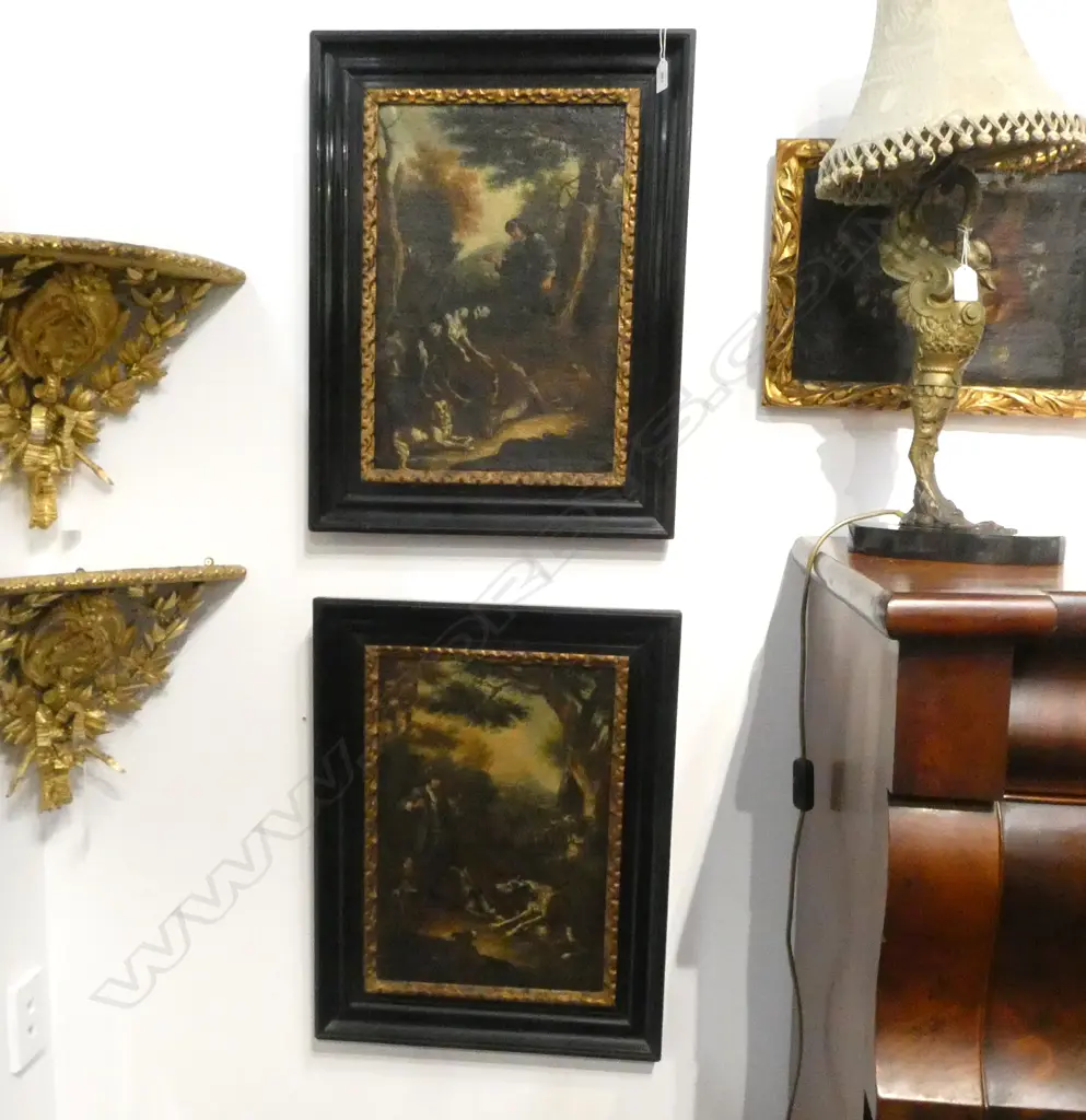 PR ANTIQUE OILS, HUNTER IN FOREST w. DOGS, OIL ON CANVAS 445x300mm 70mm tear lower left Image 1++