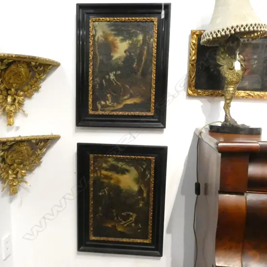 PR ANTIQUE OILS, HUNTER IN FOREST w. DOGS, OIL ON CANVAS 445x300mm 70mm tear lower left